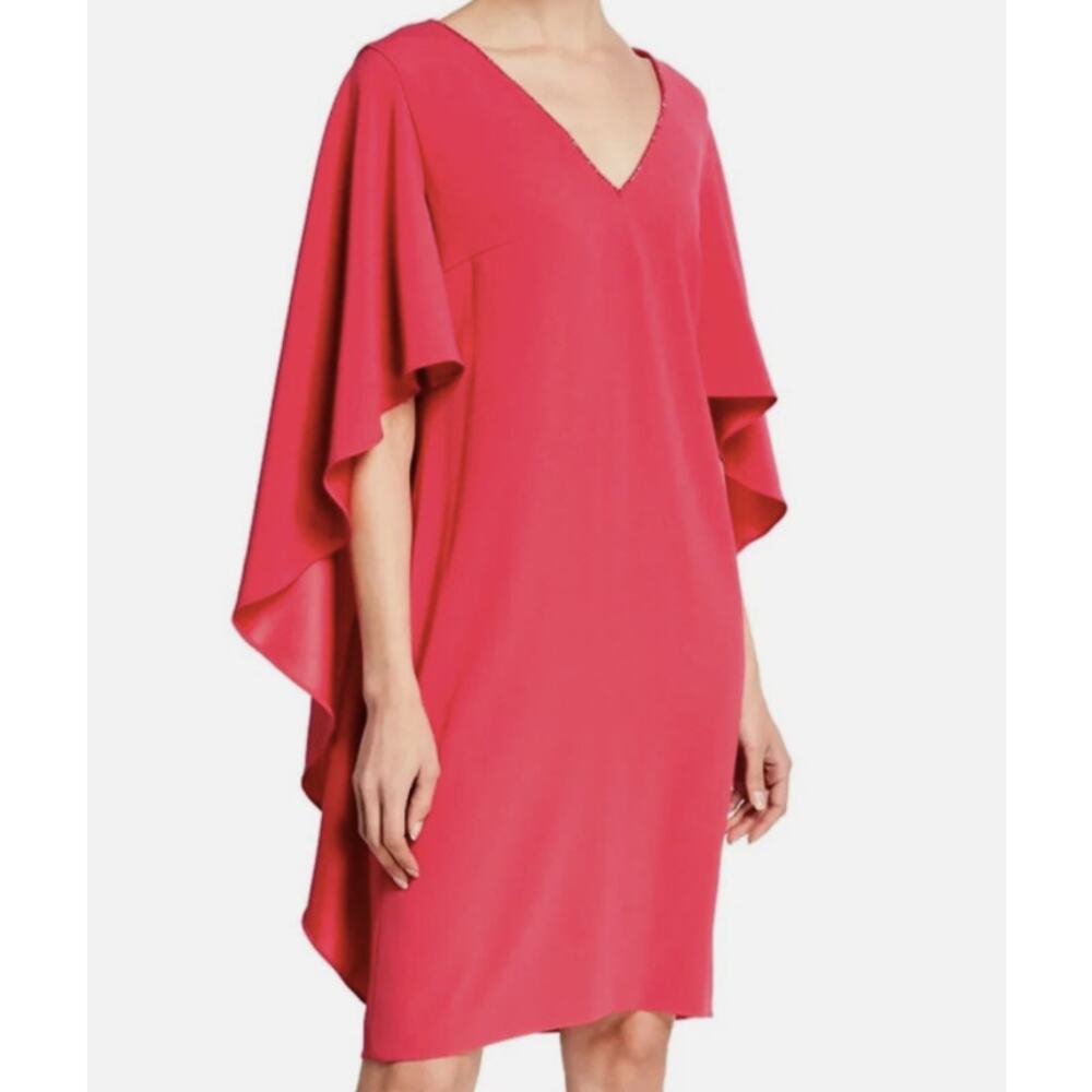 Escada Dhella Cape Dress Dark Bloom Pink Beaded V-Neck Shift‎ 42 1002905 01